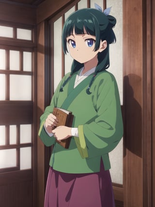 Maomao, indoors,Wood windows, Chinese architecture, (left arm bandage:1.2), blunt bangs, green hair, long hair, blue eyes, solo, gonvgreen, sidelocks, twin braids, hair over shoulder, hair beads, half updo, single hair bun, hair ribbon, blue ribbon, freckles, hanfu, green japanese clothes, long sleeves, wide sleeves, purple skirt, long skirt, (Holding a book:1.5), star eyes, looking at viewer