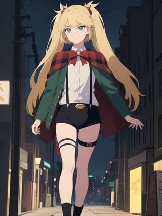 ((best quality)),((highly detailed)),masterpiece,absurdres,detailed face,beautiful face,(detailed eyes, deep eyes),1girl,((dynamic pose)), , Ninny, blonde hair, green eyes, twintails, shorts, jacket, long hair, suspender shorts, suspenders, thighhighs, shirt, looking to the side, white shirt, red bow, bow, standing, bowtie, black shorts, solo, solo focus, red bowtie, belt, capelet, hair ornament, short shorts, closed mouth, green jacket, bangs, walking, at night, (eyes looking away from the viewer:1.3, looking away from viewer:1.3), hands in pocket, nighttime, city streets, neon signs, crowd behind,, plaid, long sleeves, thigh strap, school uniform, looking away, cape, ribbon, frown, collared shirt, two side up, red capelet, open jacket
