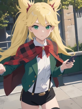 ((best quality)),((highly detailed)),masterpiece,absurdres,detailed face,beautiful face,(detailed eyes, deep eyes),1girl,((dynamic pose)), , Ninny, blonde hair, green eyes, thighhighs, suspenders, long hair, shorts, twintails, suspender shorts, bow, jacket, phone, bowtie, black shorts, short shorts, red bow, capelet, outdoors, school uniform, shirt, crossover, cellphone, striped, green jacket, solo, white shirt, red bowtie, looking at viewer, ribbon, cosplay, cape, hair ornament, holding, closed mouth, solo focus, smartphone, long sleeves, horns, day
