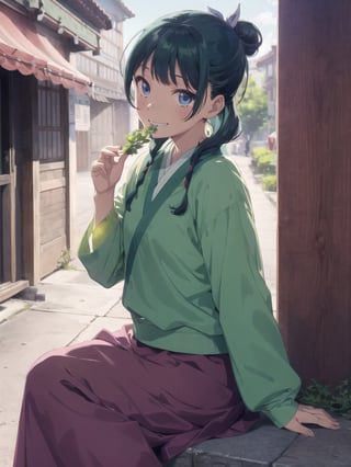 Maomao, Chinese architecture, left arm bandage, blunt bangs, green hair, long hair, blue eyes, solo, gonvgreen, sidelocks, twin braids, hair over shoulder, hair beads, half updo, single hair bun, hair ribbon, blue ribbon, freckles, hanfu, green japanese clothes, long sleeves, wide sleeves, purple skirt, long skirt, shoes, sitting, eating, grin,star eyes,eating herbs,herbs,  looking at viewer,