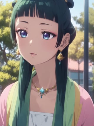 maomao,Dark green hair,blue eyes,hair ornament, hair bun, Earrings,Earrings,Gold necklace,Red eye shadow((extremely realistic shading, cowboy shot, masterpiece, extremely detailed, photorealistic))
