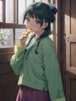 Maomao, indoors,Wood windows, Chinese architecture, (left arm bandage:1.2), blunt bangs, green hair, long hair, blue eyes, solo, gonvgreen, sidelocks, twin braids, hair over shoulder, hair beads, half updo, single hair bun, hair ribbon, blue ribbon, freckles, hanfu, green japanese clothes, long sleeves, wide sleeves, purple skirt, long skirt, (licking honey:1.5), star eyes, looking at viewer