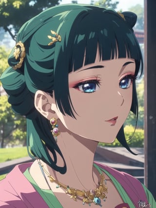 maomao,Dark green hair,blue eyes,hair ornament, hair bun, Earrings,Earrings,Gold necklaceï¼Red eye shadow((extremely realistic shading, masterpiece, extremely detailed, photorealistic))
