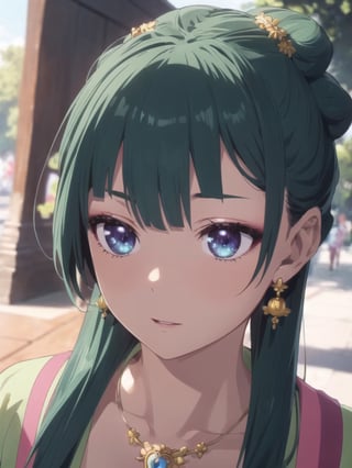 maomao,Dark green hair,blue eyes,hair ornament, hair bun, Earrings,Earrings,Gold necklaceï¼Red eye shadow((extremely realistic shading, masterpiece, extremely detailed, photorealistic))
