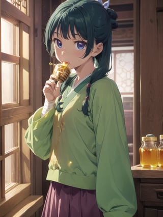 Maomao, indoors,Wood windows, Chinese architecture, (left arm bandage:1.2), blunt bangs, green hair, long hair, blue eyes, solo, gonvgreen, sidelocks, twin braids, hair over shoulder, hair beads, half updo, single hair bun, hair ribbon, blue ribbon, freckles, hanfu, green japanese clothes, long sleeves, wide sleeves, purple skirt, long skirt, (licking honey:1.5), (honey pot:1.5), star eyes, looking at viewer