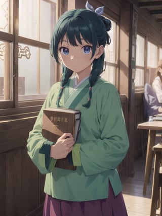 Maomao, indoors,Wood windows, Chinese architecture, (left arm bandage:1.2), blunt bangs, green hair, long hair, blue eyes, solo, gonvgreen, sidelocks, twin braids, hair over shoulder, hair beads, half updo, single hair bun, hair ribbon, blue ribbon, freckles, hanfu, green japanese clothes, long sleeves, wide sleeves, purple skirt, long skirt, (Holding a book:1.5), star eyes, looking at viewer