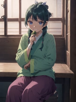 Maomao, indoors,Wood windows, Chinese architecture, left arm bandage, blunt bangs, green hair, long hair, blue eyes, solo, gonvgreen, sidelocks, twin braids, hair over shoulder, hair beads, half updo, single hair bun, hair ribbon, blue ribbon, freckles, hanfu, green japanese clothes, long sleeves, wide sleeves, purple skirt, long skirt, shoes, sitting, eating, grin,star eyes,eating herbs,herbs,  looking at viewer,