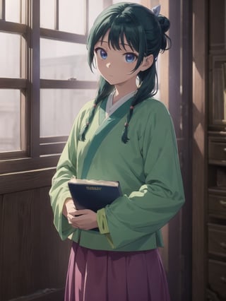 Maomao, indoors,Wood windows, Chinese architecture, (left arm bandage:1.2), blunt bangs, green hair, long hair, blue eyes, solo, gonvgreen, sidelocks, twin braids, hair over shoulder, hair beads, half updo, single hair bun, hair ribbon, blue ribbon, freckles, hanfu, green japanese clothes, long sleeves, wide sleeves, purple skirt, long skirt, (Holding a dictionary:1.5), star eyes, looking at viewer