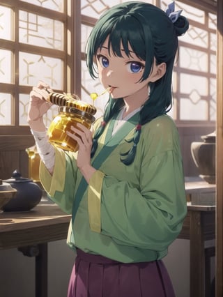 Maomao, indoors,Wood windows, Chinese architecture, (left arm bandage:1.2), blunt bangs, green hair, long hair, blue eyes, solo, gonvgreen, sidelocks, twin braids, hair over shoulder, hair beads, half updo, single hair bun, hair ribbon, blue ribbon, freckles, hanfu, green japanese clothes, long sleeves, wide sleeves, purple skirt, long skirt, (licking honey:1.5), (Holding a honey pot:1.5), star eyes, looking at viewer