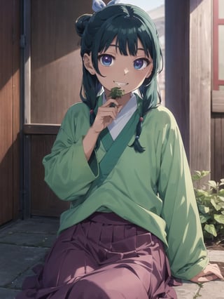 Maomao, Chinese architecture, left arm bandage, blunt bangs, green hair, long hair, blue eyes, solo, gonvgreen, sidelocks, twin braids, hair over shoulder, hair beads, half updo, single hair bun, hair ribbon, blue ribbon, freckles, hanfu, green japanese clothes, long sleeves, wide sleeves, purple skirt, long skirt, shoes, sitting, eating, grin,star eyes,eating herbs,herbs,  looking at viewer,