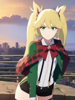 1girl, soro, ninnyspangcole, , ninny spangcole, long hair, blonde hair, (green eyes:1.5), twintails, two side up, shirt, thighhighs, long sleeves, bow, jacket, white shirt, shorts, bowtie, red bow, thigh strap, capelet, black shorts, suspenders, green jacket, suspender shorts, outdoors, city, sun, sky, clouds, looking at viewer, (cowboy shot:1.5), (masterpiece:1.2), best quality, high resolution, unity 8k wallpaper, (illustration:0.8), (beautiful detailed eyes:1.6), extremely detailed face, perfect lighting, extremely detailed CG, (perfect hands, perfect anatomy),ninny spangcole