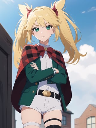 ((best quality)),((highly detailed)),masterpiece,absurdres,detailed face,beautiful face,(detailed eyes, deep eyes),1girl,((dynamic pose)), , Ninny, blonde hair, thighhighs, solo, crossed arms, twintails, outdoors, day, sky, long hair, striped, frown, thigh strap, jacket, cloud, shorts, shirt, blue sky, bow, cape, white shirt, school uniform, bowtie, red bow, standing, short shorts, green jacket, black shorts, hair ornament, belt, sanpaku, closed mouth, long sleeves, looking at viewer, ribbon, two side up
