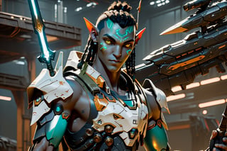 4k full body cinematic shot photo of a male space elf cyber samurai with glowing glass sword in hand forward in sci-fi jungle elven mech yard, weapons, weapon in hand, anatomically correct hands, matte bronze black sleek orange and neon teal accent colors , bulky weathered space marine armor, 4k bioluminescent eyes, sci fi daggers on body, clear square eye screen with data displayed, white sclera eye color, 4k realistic eyes, realistic armor texture, bulky full body interlocking armor panels, handsome face, face photorealistic, angry face, fit, 4k hyperrealistic face, muscular, mature males, photorealistic cyberpunk elf Man, hi-tech equipment, kintsugi gengji from overwatch armor and sword, shaved head hairstyle, vampire_teeth, subsurface scattering, perfect_teeth, Extremely detailed face,  mecha bow and quiver on back, loose wires, spear mecha weapons in hand_energy blade, mecha jetpack, cyberpunk exosuit, 4 thrusters, detailed panel lining, mechanical, high quality, volumetric, freckles, beautiful, dslr, 8k, 4k, ultrarealistic, realistic face, insanely detailed face, natural skin, textured skin, Movie Still, mecha, landscape inside elven spaceship hangar, Lunar eclipse background, lunar orange glow, vengeful amber eyes, eyes tiny glow,elven_ears,Read description