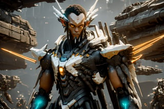 4k full body cinematic shot photo of a squad of male space elf cyber samurai with glowing orange swords and guns in hand patrolling sci-fi jungle elven mech yard, soft orange light from moon,  weapons, aiming rifle, weapon in hand, anatomically correct hands, matte bronze black sleek orange and neon teal accent colors , bulky weathered space marine armor, 4k bioluminescent eyes, sci fi daggers on body, clear square eye screen with data displayed, white sclera eye color, 4k realistic eyes, realistic armor texture, bulky full body interlocking armor panels, handsome face, face photorealistic, angry face, fit, 4k hyperrealistic face, muscular, mature males, photorealistic cyberpunk elf Man, hi-tech equipment, kintsugi gengji from overwatch armor and sword, shaved head hairstyle, vampire_teeth, subsurface scattering, perfect_teeth, Extremely detailed face,  mecha bow and quiver on back, loose wires, spear mecha weapons in hand_energy blade, mecha jetpack, cyberpunk exosuit, 4 thrusters, cyborg goggles, cyberpunk halo visor, face visor. detailed panel lining, mechanical, high quality, volumetric, freckles, beautiful, dslr, 8k, 4k, 4k eyes, ultrarealistic eyes, realistic eyes, insanely detailed eyes, ultrarealistic, realistic face, insanely detailed face, natural skin, textured skin, Movie Still, mecha, landscape inside elven spaceship hangar, Lunar eclipse background, lunar orange glow, vengeful amber eyes, eyes tiny glow,elven_ears,Read description