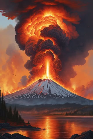 "An insanely detailed and hyperrealistic image of the explosive eruption of Mt. St. Helens at dawn, featuring pyroclastic flows, ash clouds, and volcanic lighting. The focal point of the artwork is the erupting volcano, depicted in breathtaking 8k detail by the unreal engine 5, Detailed Render, and dynamic lighting. The fiery reds and oranges of the eruption dominate the triadic color scheme, while the flickering and intricately detailed Splash art creates a chaotic and destructive atmosphere. The volumetric lighting adds an extra layer of realism to the already ultra-realistic image, created by the artistry of Greg Rutkowski, Artgerm, WLOP, Alphonse Mucha, and Simon Stålenhag - known for his hyperrealistic and detailed sci-fi landscapes. Stålenhag's style would lend itself well to capturing the intricate details of the eruption while also adding a touch of otherworldliness to the image. The Frostbite 3 engine and Cryengine further enhance the insane details of this ArtStation masterpiece using a combination 