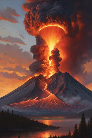 "An insanely detailed and hyperrealistic image of the explosive eruption of Mt. St. Helens at dawn, featuring pyroclastic flows, ash clouds, and volcanic lighting. The focal point of the artwork is the erupting volcano, depicted in breathtaking 8k detail by the unreal engine 5, Detailed Render, and dynamic lighting. The fiery reds and oranges of the eruption dominate the triadic color scheme, while the flickering and intricately detailed Splash art creates a chaotic and destructive atmosphere. The volumetric lighting adds an extra layer of realism to the already ultra-realistic image, created by the artistry of Greg Rutkowski, Artgerm, WLOP, Alphonse Mucha, and Simon Stålenhag - known for his hyperrealistic and detailed sci-fi landscapes. Stålenhag's style would lend itself well to capturing the intricate details of the eruption while also adding a touch of otherworldliness to the image. The Frostbite 3 engine and Cryengine further enhance the insane details of this ArtStation masterpiece using a combination 