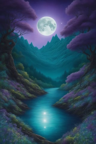 gothic, epic, fabulous, space, hyperrealism, micro-detail, surreal, drawing of details, clear outline, color illustration, aesthetics, star dust, mystical landscape, gnarled green bushes, dark botanical, dark fantasy, multicolor, detailed, 3d, threads, fibers, star map, horror aesthetics, purple, moon, forest, lake, mountains, fantastic flowers, ambient clarity, volumetric, blue background