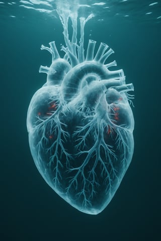 bio ice heart, veins, inside blooding , underwater   Ultra realistic, , realistic . 64k. masterpiece, heart blooding, eletric veins, cinema style, under water, connection love , detailed photo, Arnold render, 16K,cyborg style,biopunk style,Movie Still,fire element