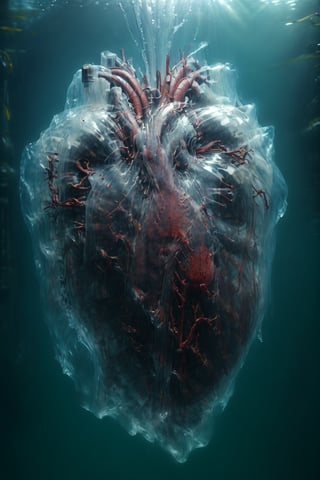 biomechanical heart, veins, blooding , underwater ice,  Ultra realistic, , realistic . 64k. masterpiece, heart blooding, eletric veins, cinema style, under water, connection love , detailed photo, Arnold render, 16K,cyborg style,biopunk style,Movie Still