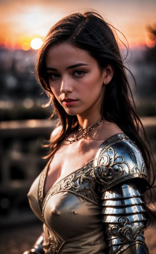 (masterpiece), (extremely intricate:1.3), (realistic), portrait of a girl, the most beautiful in the world, (medieval armor), metal reflections, upper body, outdoors, intense sunlight, far away castle, professional photograph of a stunning woman detailed, sharp focus, dramatic, award winning, cinematic lighting, octane render  unreal engine,  volumetrics dtx, (film grain, blurry background, blurry foreground, bokeh, depth of field, sunset, motion blur:1.3), chainmail,perfecteyes