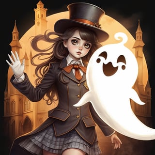 Hutao the brunette girl with top hat and school uniform with ghost the poltergeist in a school, (school background), full shot (FS), ((full body with legs)), standing, looking straight , muted colors, digital art, medieval, 8K resolution, ultra quality, Watercolor, trending on artstation, intricate details, highly detailed, (by Kerem Beyit:1.2),Monster