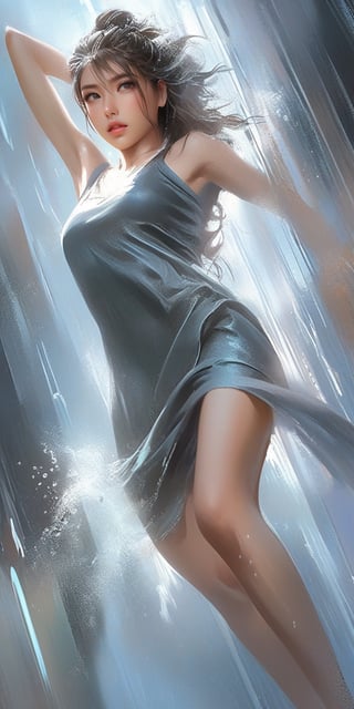 (Best quality, masterpiece), realistic, likereal, form-fitting dress, emphasizes the figure, 1girl, better hands, better fingers, detailed real skin, (((flat breasts))), petite figure, tight things, strong thighs, ((action packed)), fitness body, shape ass,  wide eyes, determined expression, wet hair, dripping drops,
(rainfall), (steam, fog), detailed background, 
,anica_teddy,greg rutkowski