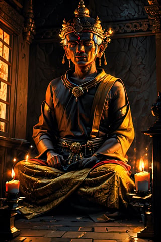 Paint a vivid picture of a Nepalese Buddhist monk, his eyes exuding profound wisdom and intensity. Set this remarkable figure against a backdrop of a meticulously detailed 3D environment, where a temple and countless candles illuminate the scene with a realistic and captivating ambiance