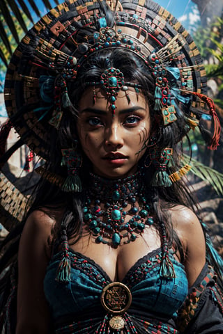 medium close up, visible up to the waist
, Aztec woman, sharp facial features, beautiful check bones,medium breast, natural blue eyes, Aztec traditional long colorful dress, shining smaragd jewelery, Aztec headdress, bright glowing caramel eyes, black hair,facial marks, standing before an aztec temple in a jungle as backround, athletic, volumetric lighting, best quality, masterpiece, realistic, vibrant colors,8k,perfecteyes