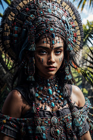 medium close up, visible up to the waist
, Aztec woman, sharp facial features, beautiful check bones,medium breast, natural blue eyes, Aztec traditional long colorful dress, shining smaragd jewelery, Aztec headdress, bright, black hair,facial marks, standing before an aztec temple in a jungle as backround, athletic, volumetric lighting, best quality, masterpiece, realistic, vibrant colors,8k,perfecteyes