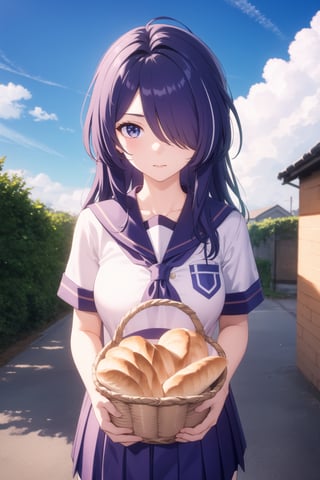 masterpiece, best quality, 1girl, looking at viewer, confused look, school uniform, blue sky, cloud trail, hair over one eye, hugging basket of bread