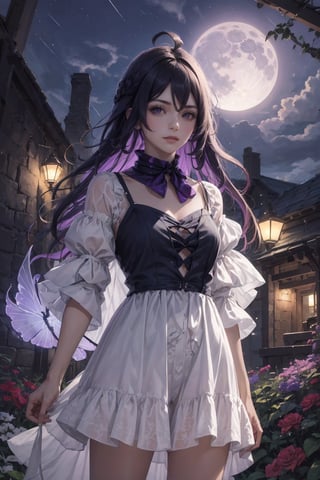 1girl, solo, masterpiece, incredibly absurdres, long hair, best quality, glowing purple transparent butterfly, looking at viewer, center, standing, night sky, close view, blue moon, glowing effect, nighttime, garden flower, (casual dress), soft smile, seeldef