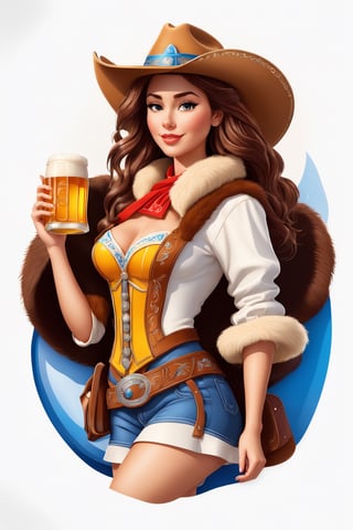 coloring graphic logo illustration of а cowboy girl is carrying beer, cowboy hat, fur collar, german clothes, inscription "Beer", vector, intricate detail, bright color, solid white background, made with adobe illustrator, in the style of Studio Gibli, 3d style, 3d, 3d render,3d style,3d,3d render