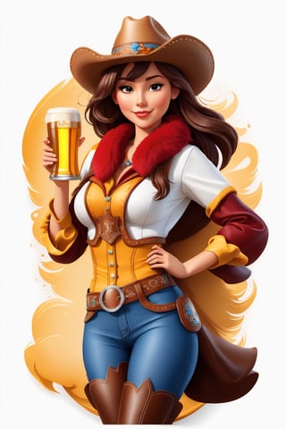 coloring graphic logo illustration of а cowboy girl is carrying beer, cowboy hat, fur collar, german clothes, vector, intricate detail, bright color, solid white background, made with adobe illustrator, in the style of Studio Gibli, 3d style, 3d, 3d render,3d style,3d,3d render