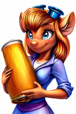 а Gadget Hackwrench is carrying beer, freckles, smile, blush, ((tanned skin)), blue clothes, intricate detail, bright color, (((solid white background))), gadget_hackwrench, gh_clothes, gh_goggles,