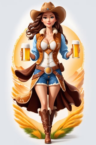 coloring graphic logo illustration of а cowboy girl is carrying beer, cowboy hat, fur collar, german clothes, text "Beer", vector, intricate detail, bright color, solid white background, made with adobe illustrator, in the style of Studio Gibli, 3d style, 3d, 3d render,3d style,3d,3d render