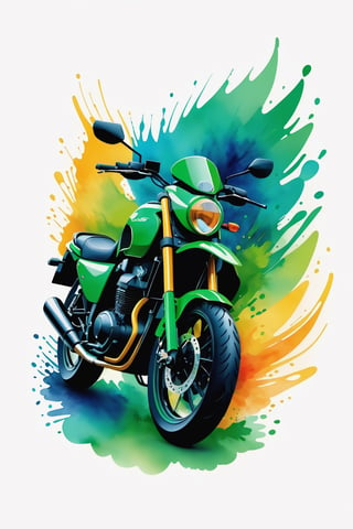 coloring graphic logo illustration of motorbike, vector, abstract watercolour design, intricate detail, bright color, solid white background, made with adobe illustrator, in the style of Studio Gibli, nature, splashing, more green, 3d style