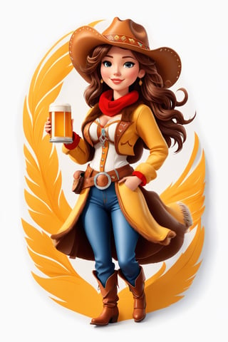 coloring graphic logo illustration of а cowboy girl is carrying beer, cowboy hat, fur collar, german clothes, vector, intricate detail, bright color, solid white background, made with adobe illustrator, in the style of Studio Gibli, 3d style, 3d, 3d render,3d style,3d,3d render