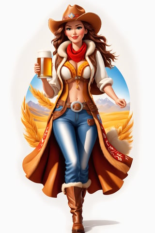 coloring graphic logo illustration of а cowboy girl is carrying beer, cowboy hat, fur collar, german clothes, text "Beer", vector, intricate detail, bright color, solid white background, made with adobe illustrator, in the style of Studio Gibli, 3d style, 3d, 3d render,3d style,3d,3d render