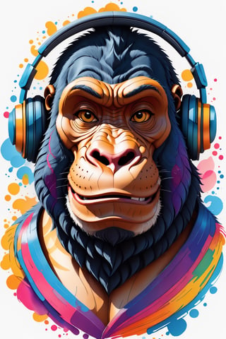 Leonardo Style, illustration, coloring graphic logo illustration of a smiling gorilla wearing headphones, looking at viewer, portrait, vector art, abstract watercolour design, intricate detail, bright color, solid white background, made with adobe illustrator, in the style of Studio Gibli, nature, oni style, 3d style