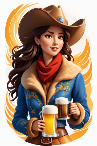 coloring graphic logo illustration of а cowboy girl is carrying beer, cowboy hat, fur collar, german clothes, ((text "Beer")), vector, intricate detail, bright color, solid white background, made with adobe illustrator, in the style of Studio Gibli, 3d style, 3d, 3d render,