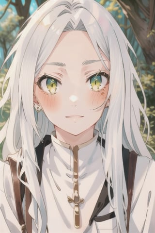 {1girl}, classic fantasy, magician, white skin, HDR,UHD,8K, best quality, {masterpiece}, Highly detailed, slender, {{smile}}, messy hair, {{long hair}}, {{silver hair}}, forest, {{{pelt and leather clothes}}}, {{{{really Poor clothes}}}}, fur coat, dirt on her face, dirt on her hair, dirt on her clothes, 16 years old, simple clothes, prehistoric clothes,