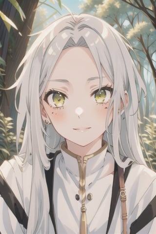 {1girl}, classic fantasy, magician, white skin, HDR,UHD,8K, best quality, {masterpiece}, Highly detailed, slender, {{smile}}, messy hair, {{long hair}}, {{silver hair}}, forest, {{{pelt and leather clothes}}}, {{{{really Poor clothes}}}}, fur coat, dirt on her face, dirt on her hair, dirt on her clothes, 16 years old, simple clothes, prehistoric clothes,