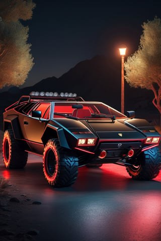 ((A photo realistic picture of)) black Lamborghini 1978 car with red neon , offroad overland modification at night time, design by Kahn Design in hyper realistic 3D CGI Render style, outdoors, rugged terrain, steampunk look, unreal engine, studio lighting, insanely detailed and intricate, ultra sharp, hyper maximalist,steampunk style