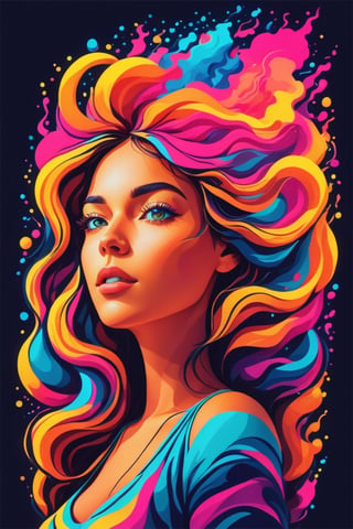 neon colors, cartoon style illustration of a woman as she sees the world while experiencing hallucinations, stoned, splash art, splashed neon colors, neon glowy smoke) motion effects, best quality, wallpaper art, UHD, centered image, ((flat colors)), (cel-shading style) very vibrant neon colors, extremely saturated image (saturation 10) ink lined art, bold lines