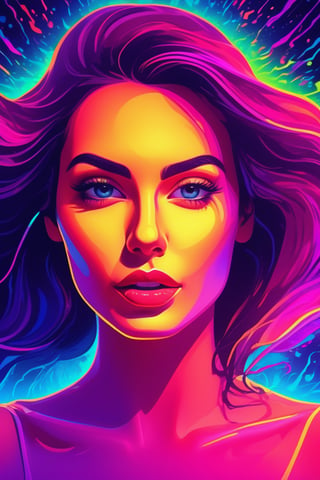 neon colors, cartoon style illustration of a woman as she sees the world while experiencing hallucinations, stoned, splash art, splashed neon colors, neon glowy smoke) motion effects, best quality, wallpaper art, UHD, centered image, ((flat colors)), (cel-shading style) very vibrant neon colors, extremely saturated image (saturation 10) ink lined art, bold lines