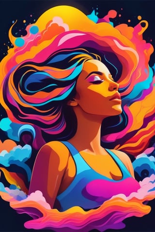 neon colors, cartoon style illustration of a woman as she sees the world while experiencing hallucinations, stoned, splash art, splashed neon colors, neon glowy smoke) motion effects, best quality, wallpaper art, UHD, centered image, ((flat colors)), (cel-shading style) very vibrant neon colors, extremely saturated image (saturation 10) ink lined art, bold lines