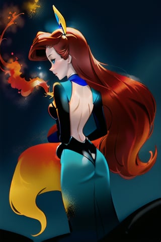 Graceful anime silhouette of a slender Disney Ariel's  body shape, she's wearing a black costume playboy bunny, showing your back, infused with stands amidst red blue and yellow ink splashes, digital painting.,Lunaris