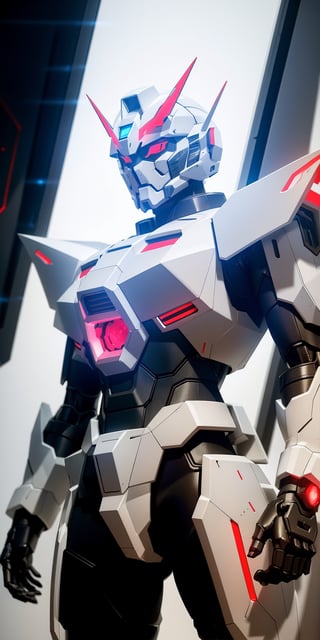 photograph of boy wearing futuristic gundam armor, matte white and red glowing armor, artistic armor detail, hi tech, reflection mapping, realistic figure, hyper detailed body, cinematic lighting photography, cyberpunk style background, 32k uhd mecha style, super hero pose, cinematic shoot, perfecteyes, red eyes, deadly look, badass pose, massive hitech weapons, niji 5, 