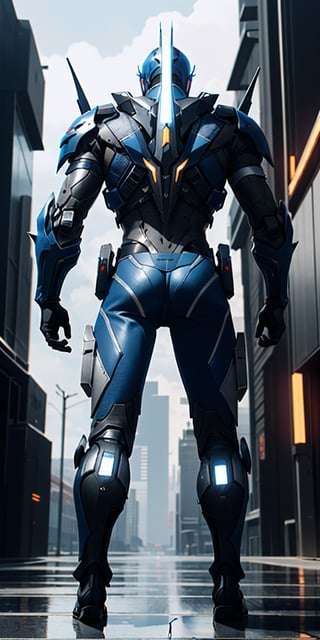 photograph of boy wearing futuristic complex fullbody knight armor, matte black armor, blue artistic armor detail parts, hi tech, reflection mapping, realistic figure, hyper detailed body, cinematic lighting photography, cyberpunk style background, 32k uhd mecha style, super hero pose, cinematic shoot, perfecteyes, blue eyes, deadly look, badass pose, massive hitech weapons, niji 5, hyperdetailed, unreal engine, --ar 9:16, from behind, attracttive,