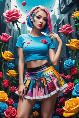 Abstract Pop Surrealism: A fusion of abstract, pop, and surreal styles brings forth a woman in a miniskirt, draped in a playful cosplay uniform, showcasing cute panties in a vibrant, dreamlike setting. ,sticker,dripping paint,roses_are_rosie,neon photography style,tshirt design,ice and water,tranzp,lego,High detailed ,tattoo,More Detail,more detail ,sukunatattoo,p3rfect boobs,cleavage,